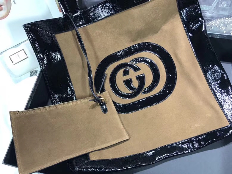 GUCCI 2018最新购物袋 超级大包很能装包配小pouch，519335 黑色双G图案，复古韵味 41×43×5.5cm
